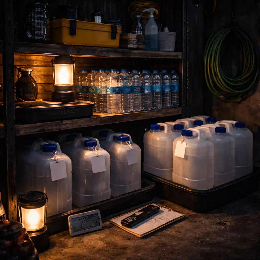 Wasser lagern im Keller/Garage: Temperatur, Licht, Material